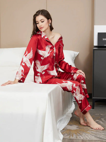 19Momme Women's 100% Mulberry Silk Crane Print Long Sleeve Notch Collar Pajamas Set