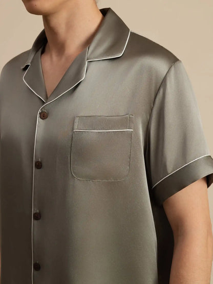 100% Mulberry Silk Short Sleeve Notch Collar Men's Pajamas Set with Shorts