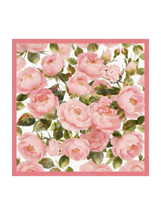 100% Mulberry Silk Pink Floral Print Square Scarf - Size 90x90cm