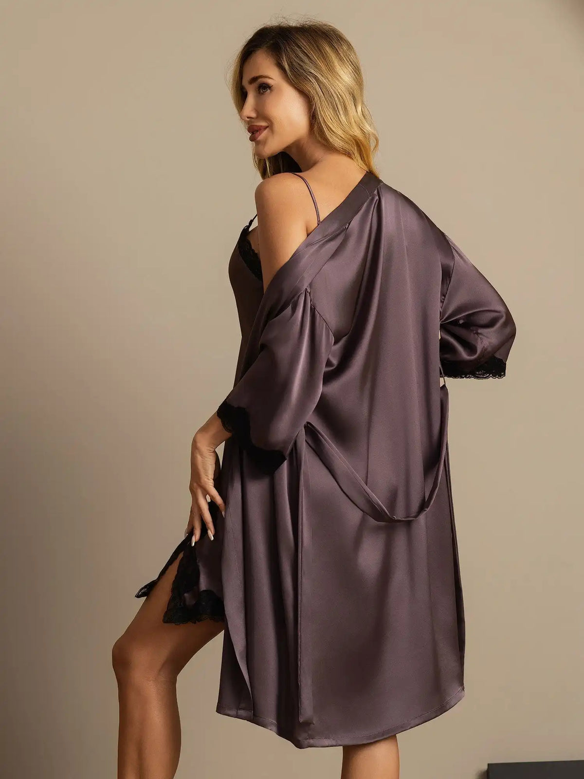 100% Mulberry Silk Basic Lace Trimmed Split Nightgown&Robe Set 2Pcs