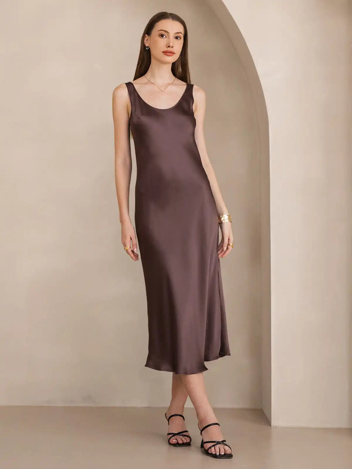 100% Mulberry Silk Sleeveless U Neck Midi Long Dress