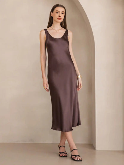 100% Mulberry Silk Sleeveless U Neck Midi Long Dress