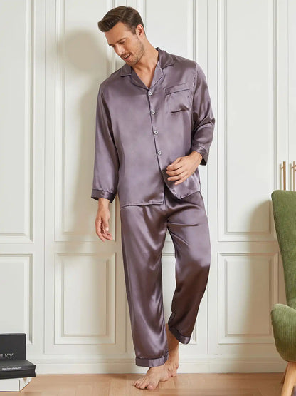 100% Mulberry Silk Long Sleeve Notch Collar Men's Pajamas Set with Button Up Design