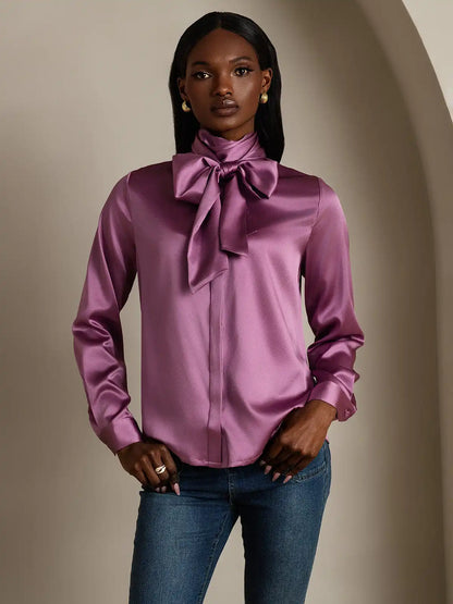 19Momme Silk Long Sleeve High Neck Bow Tie Blouse