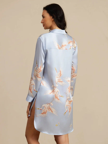 19Momme 100% Mulberry Silk Crane Print Nightshirt with High-Low Hem