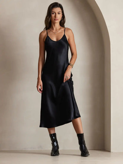 100% Mulberry Silk Spaghetti Strap V Neck Midi Dress