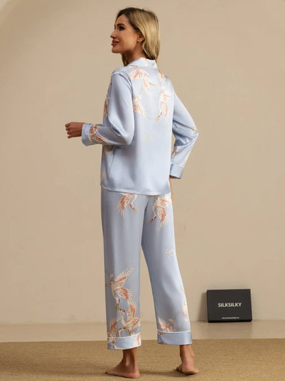 19Momme 100% Mulberry Silk Crane Print Women's Long Sleeve Notch Collar Pajamas Set