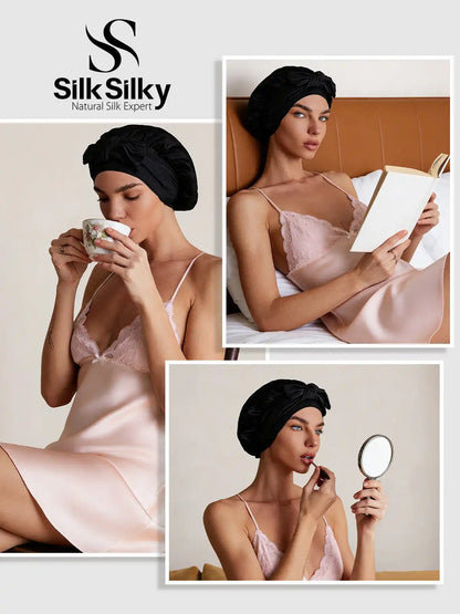 100% Mulberry Silk Double-Layer Bonnet with Adjustable Long Tie