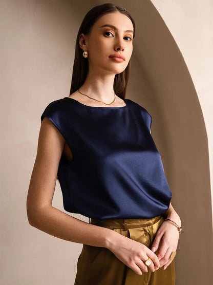 19Momme Women's Silk Cap Sleeve Round Neck Top