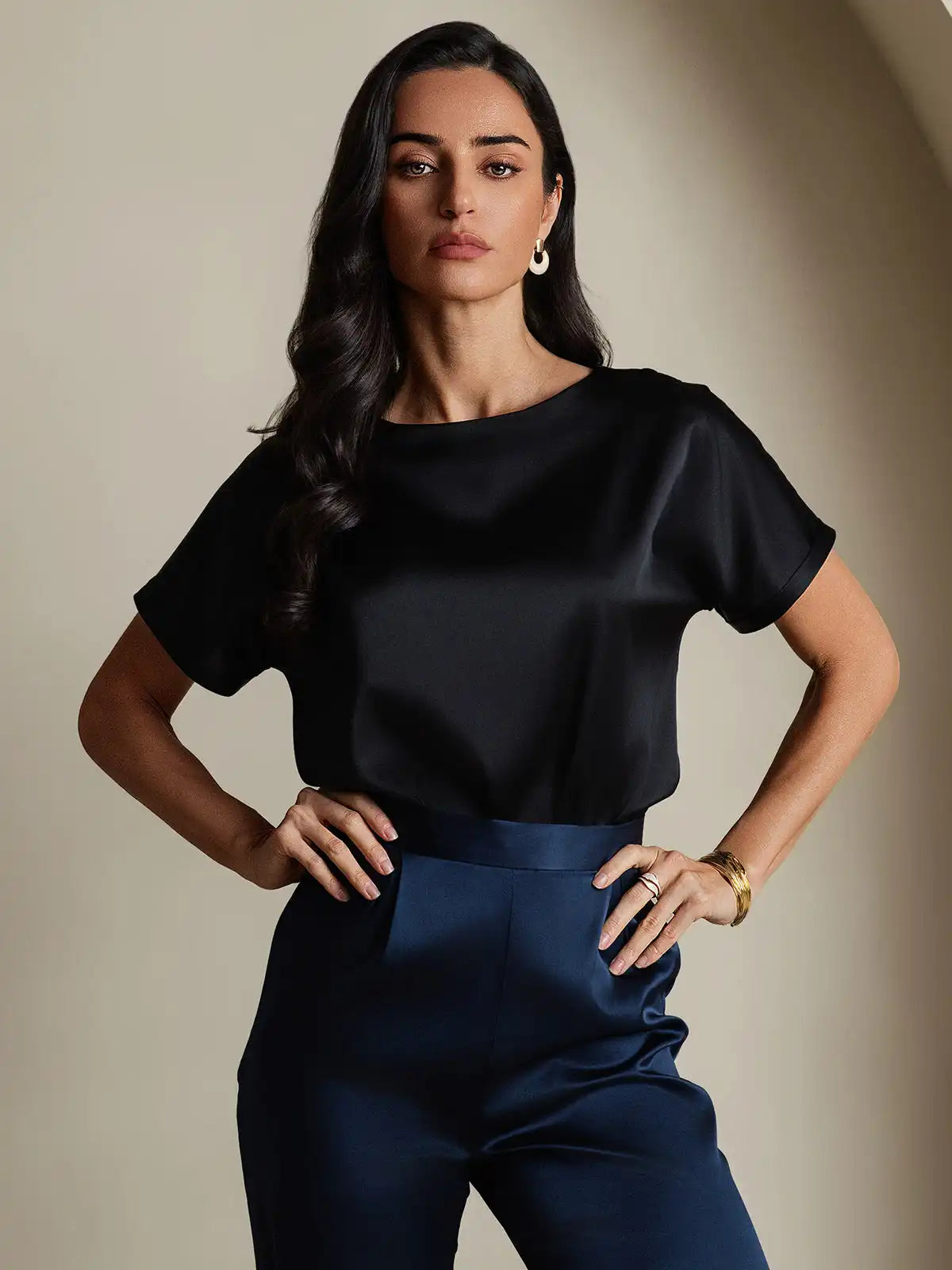 19Momme Silk Short Sleeve Boat Neck Cuffed Sleeve Women's T-Shirt
