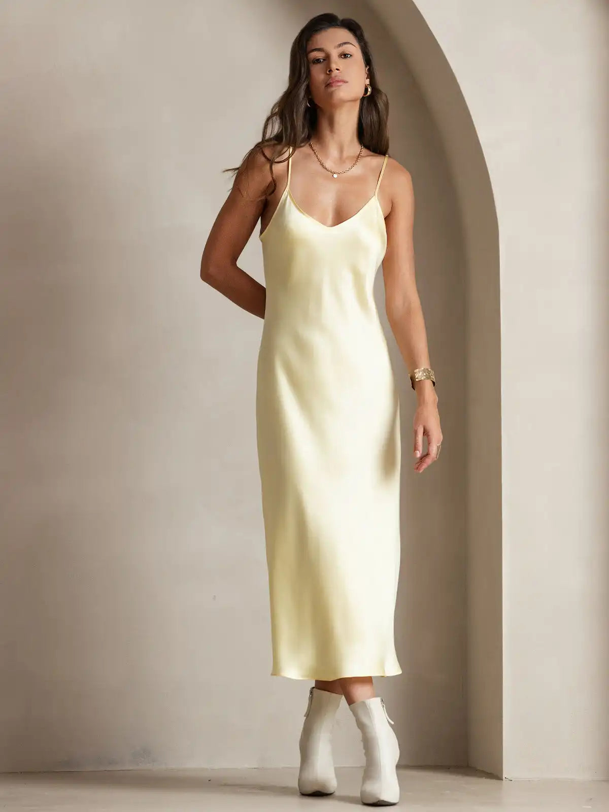 Women's 100% Mulberry Silk Spaghetti Strap V-neck Midi Nightgown