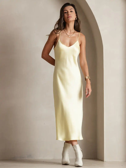 Women's 100% Mulberry Silk Spaghetti Strap V-neck Midi Nightgown