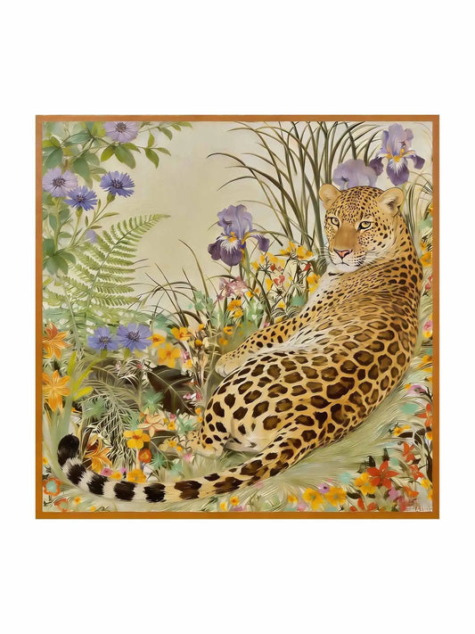 100% Mulberry Silk Leopard & Floral Scarf - Size 90x90cm