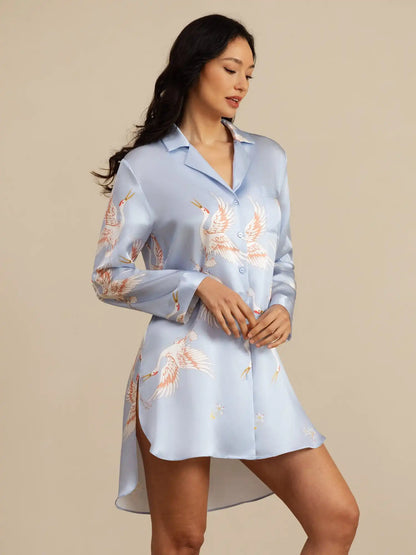 19Momme 100% Mulberry Silk Crane Print Nightshirt with High-Low Hem