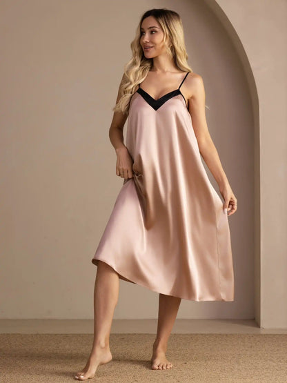 100% Mulberry Silk Contrast V-Neck Spaghetti Strap Midi Nightgown