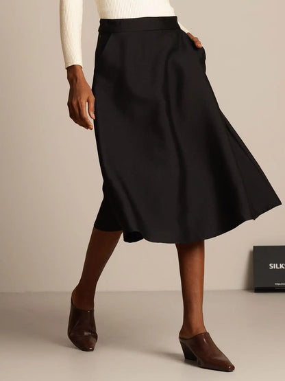 32Momme Silk-Wool Blend  A Line Midi Skirt with Zipper Deign