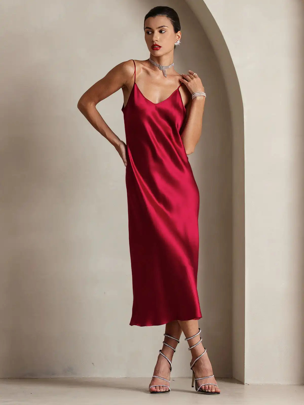 100% Mulberry Silk Spaghetti Strap V Neck Midi Dress