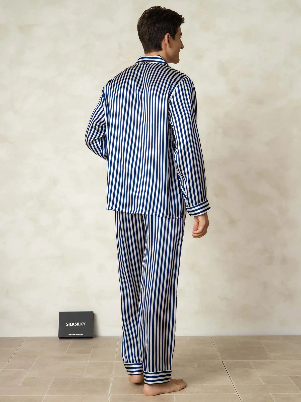 Men's 100% Mulberry Silk Stripe Print Long Sleeve Lapel Collar Pajamas Set