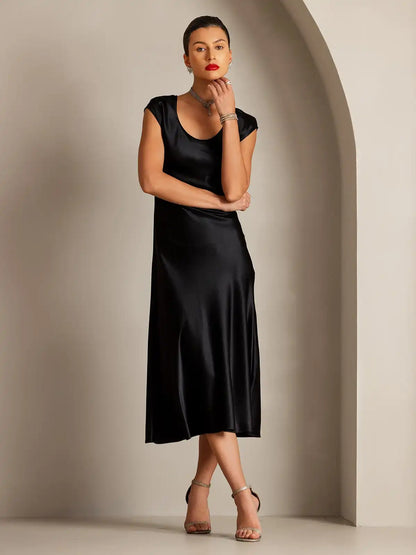 19Momme Silk Cap Sleeve Round Neck Midi Dress