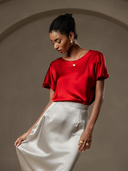 Clearance - 19Momme Silk Short Sleeve Boat Neck Cuffed Sleeve Women's T-Shirt