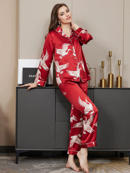 19Momme 100% Mulberry Silk Crane Print Women's Long Sleeve Notch Collar Pajamas Set