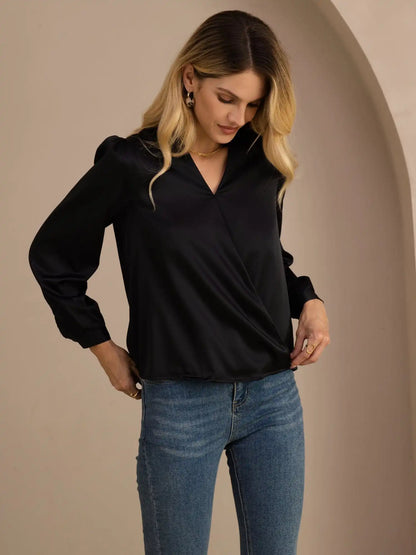 19Momme Silk Women’s Wrap Neck Long Sleeve Blouse