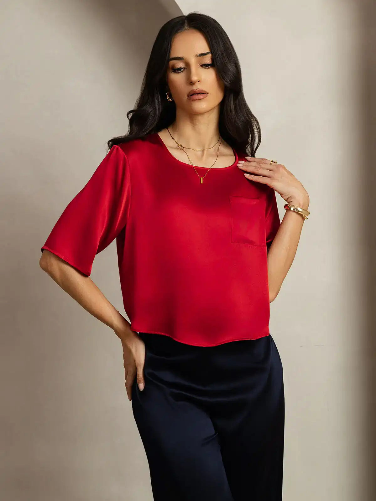 100% Mulberry Silk Women's Blouse Short Sleeve Boxy Crop Top