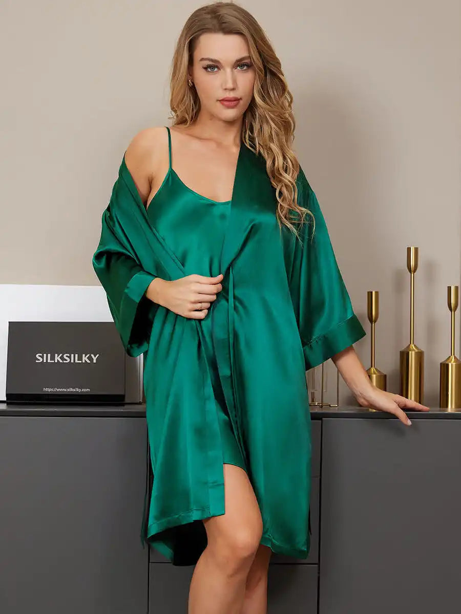 100% Mulberry Silk Kimono Robe & V‑Neck Nightgown Set