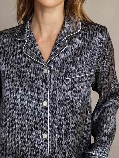 Clearance - Women's 100% Mulberry Silk Ginkgo Print Long Sleeve Lapel Collar Pajamas Set