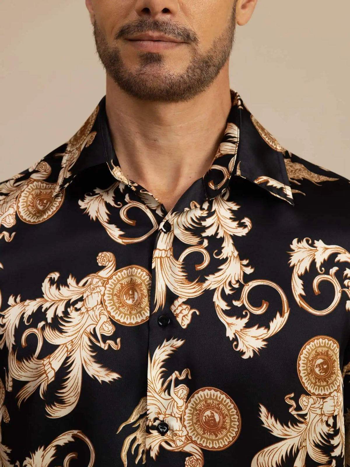 Pure Silk Men's Long Sleeve Lapel Collar Dragon Print Shirt