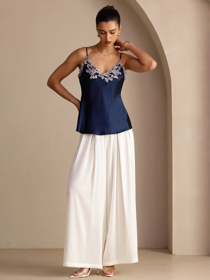100% Mulberry Silk Spaghetti Strap  V-neck Lace Camisole Top