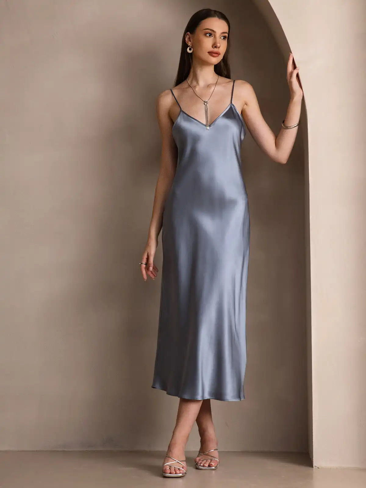 100% Mulberry Silk Spaghetti Strap V Neck Midi Dress