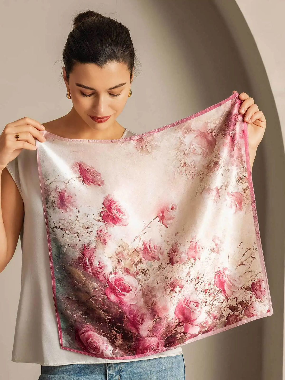 100% Mulberry Silk Rose Pattern Square Scarf - Size 53x53cm