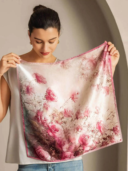 100% Mulberry Silk Rose Pattern Square Scarf - Size 53x53cm