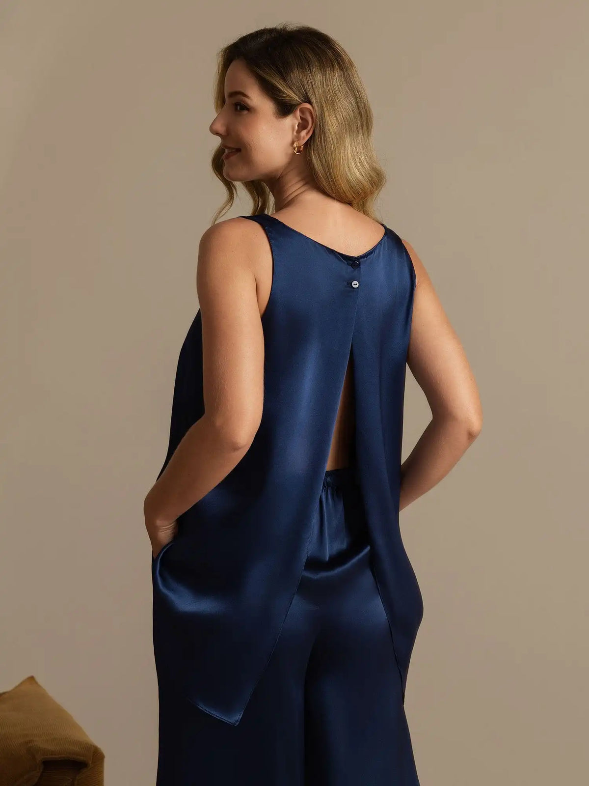 100% Mulberry Silk Sleeveless U-Neck Backless High-low Tank Top & Wide Leg Pants Set