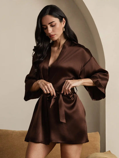 100% Mulberry Silk Short Women's Kimono Robe with Wrap Design