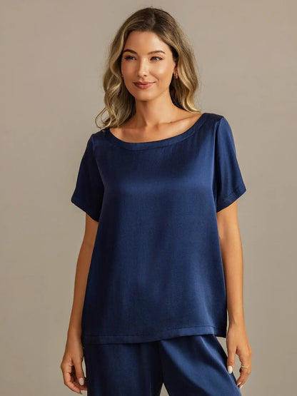 Clearance - 19Momme Women's Washable Silk Short Sleeve Scoop Neck Pajamas Set