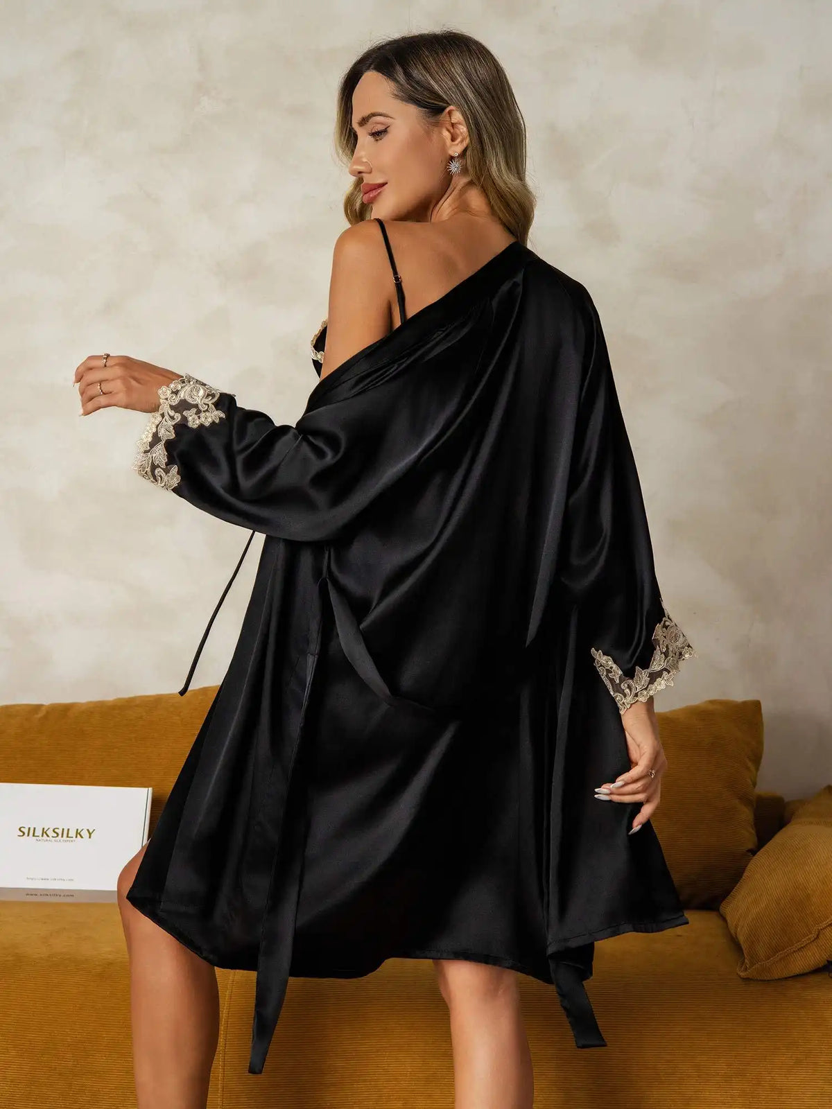 Elegant 100% Mulberry Silk Lace Trim Nightgown & Robe Set 2Pcs