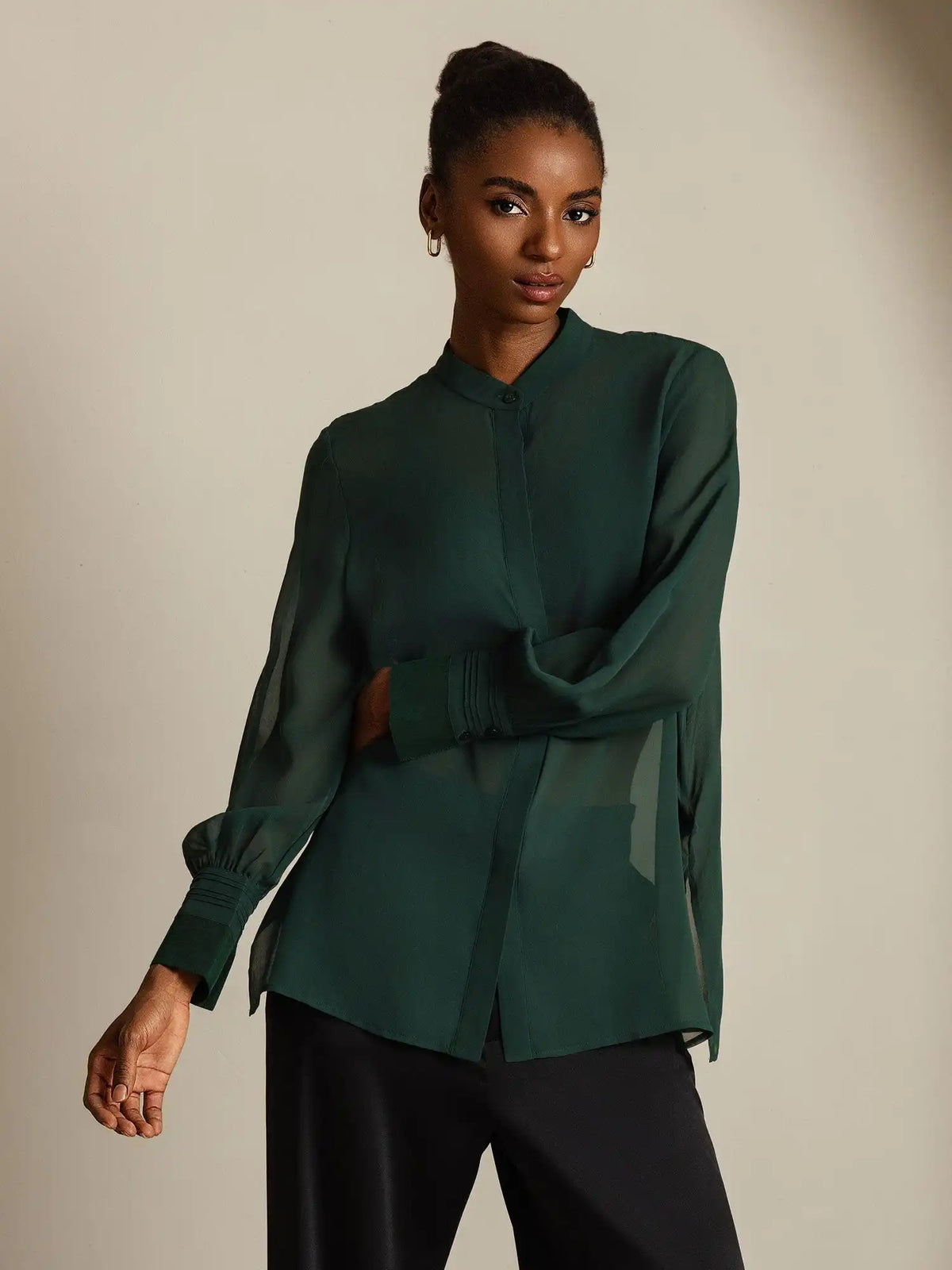 100% Mulberry Silk Long Sleeve Split Sheer Blouse