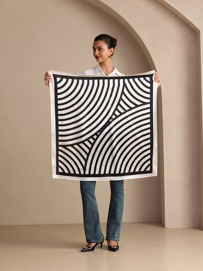 100% Mulberry Silk Semicircular Geometry Printed Scarf - Size 90x90cm