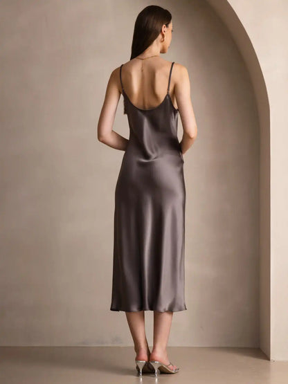 100% Mulberry Silk Spaghetti Strap Midi Long Dress