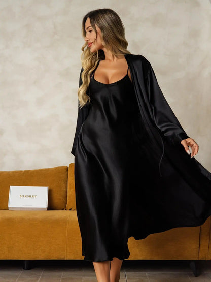 100% Mulberry Silk V-Neck Midi Nightgown & Robe Set 2Pcs