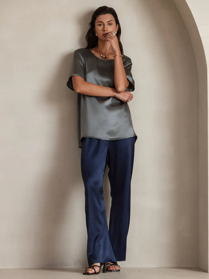 Clearance - Women's Pure Silk Short Sleeve Round Neck T-Shirt