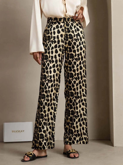 Clearance - 19Momme Silk Leopard Print Straight Leg Women's Pants With Side Pockets Design