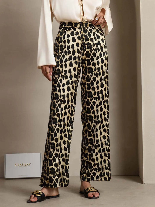 Clearance - 19Momme Silk Leopard Print Straight Leg Women's Pants With Side Pockets Design
