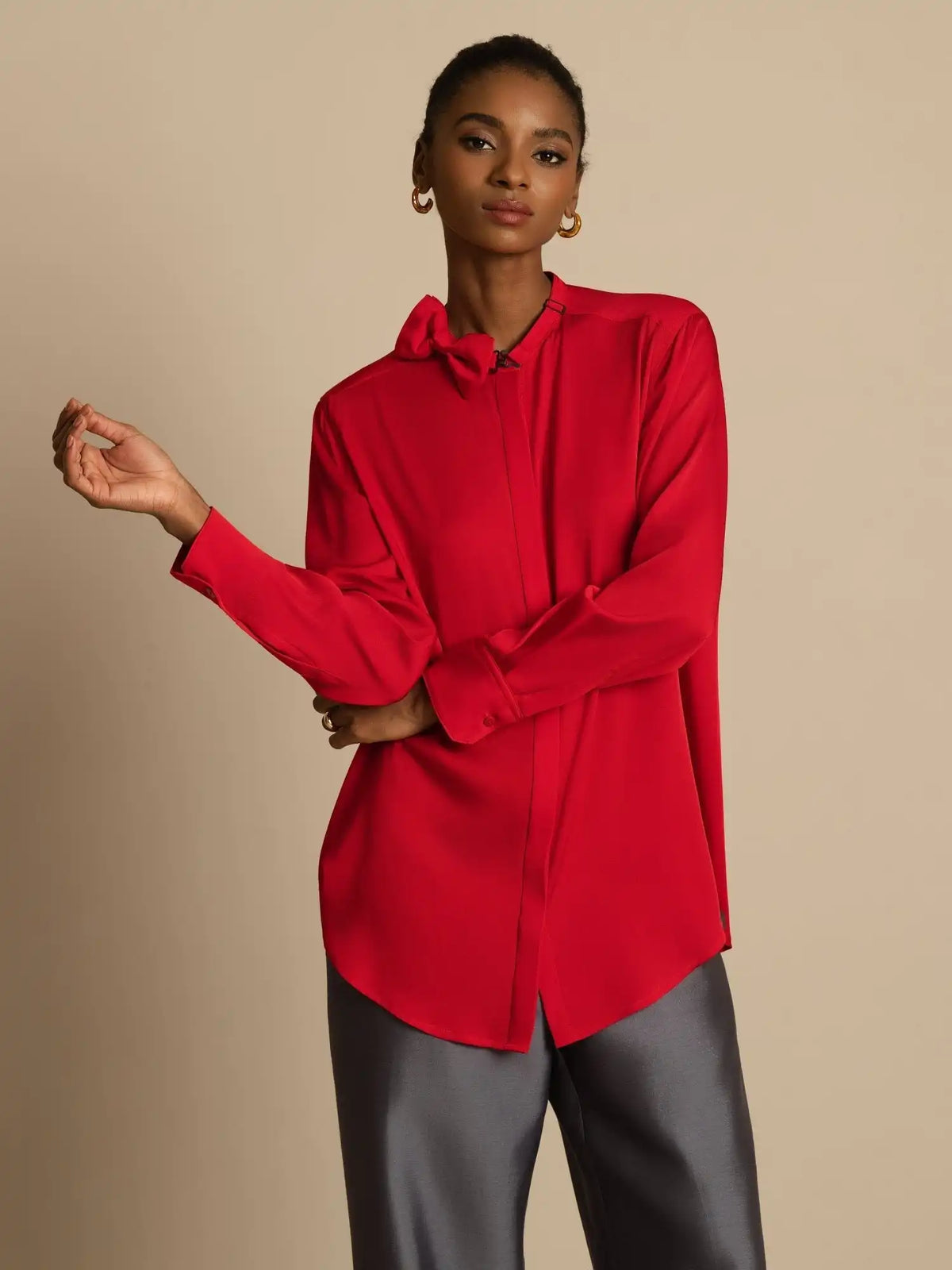 Clearance - 19Momme Silk Women's Long Sleeve Stand Collar Bow Blouse