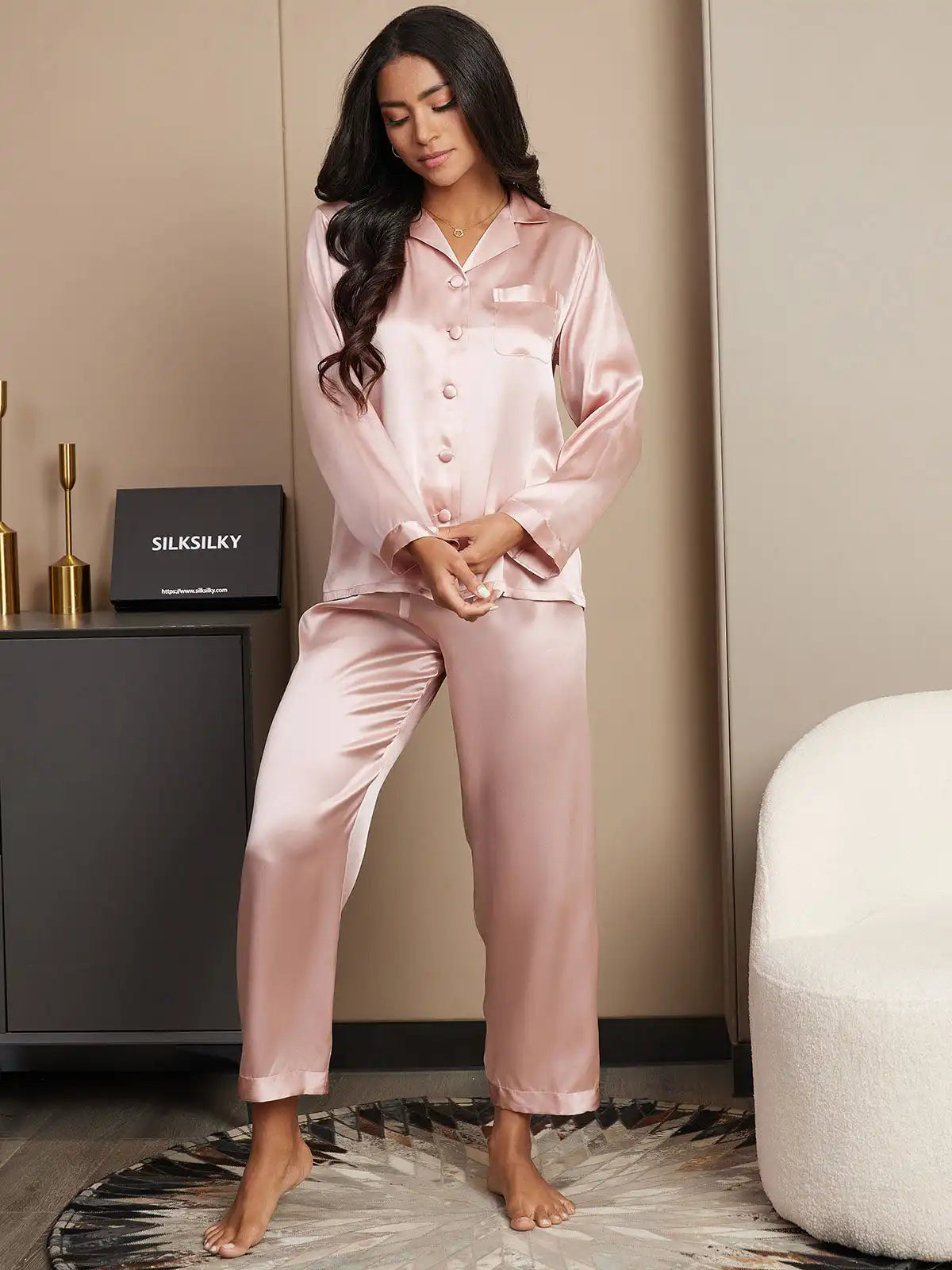 100% Mulberry Silk Women's Long Sleeve Pajamas Set