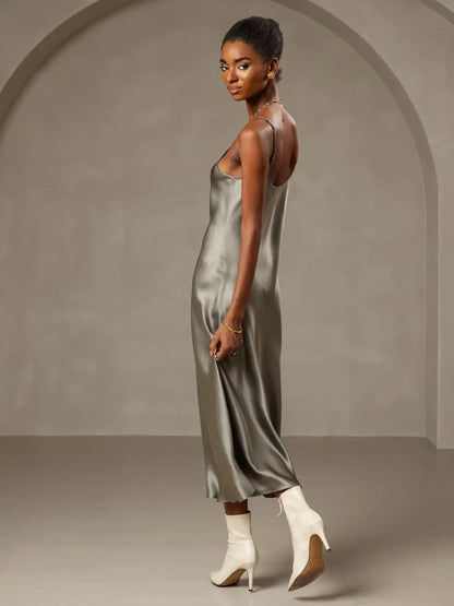 100% Mulberry Silk Spaghetti Strap V Neck Midi Dress