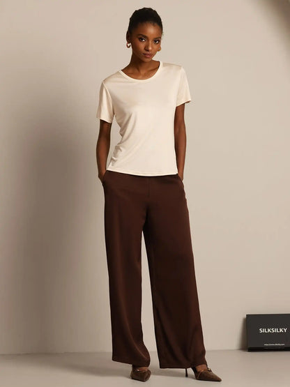 Women's 100% Mulberry Silk Short Sleeve Round Neck Basic T-Shirt