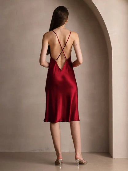Elegant 100% Mulberry Silk Cross Backless Midi Dress with Side Slit